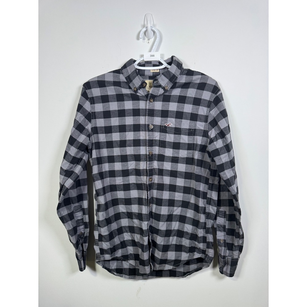 Hollister Mens Small Grey Black Buffalo Plaid Long Sleeve Stretch Button Down
